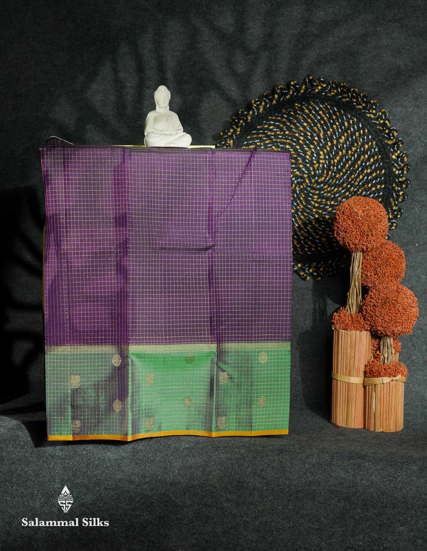 Beautiful Pure Silk Pattu Pavadai Checks (Dark Violet) With Contrast Olive Mustard Yellow Blouse 27"