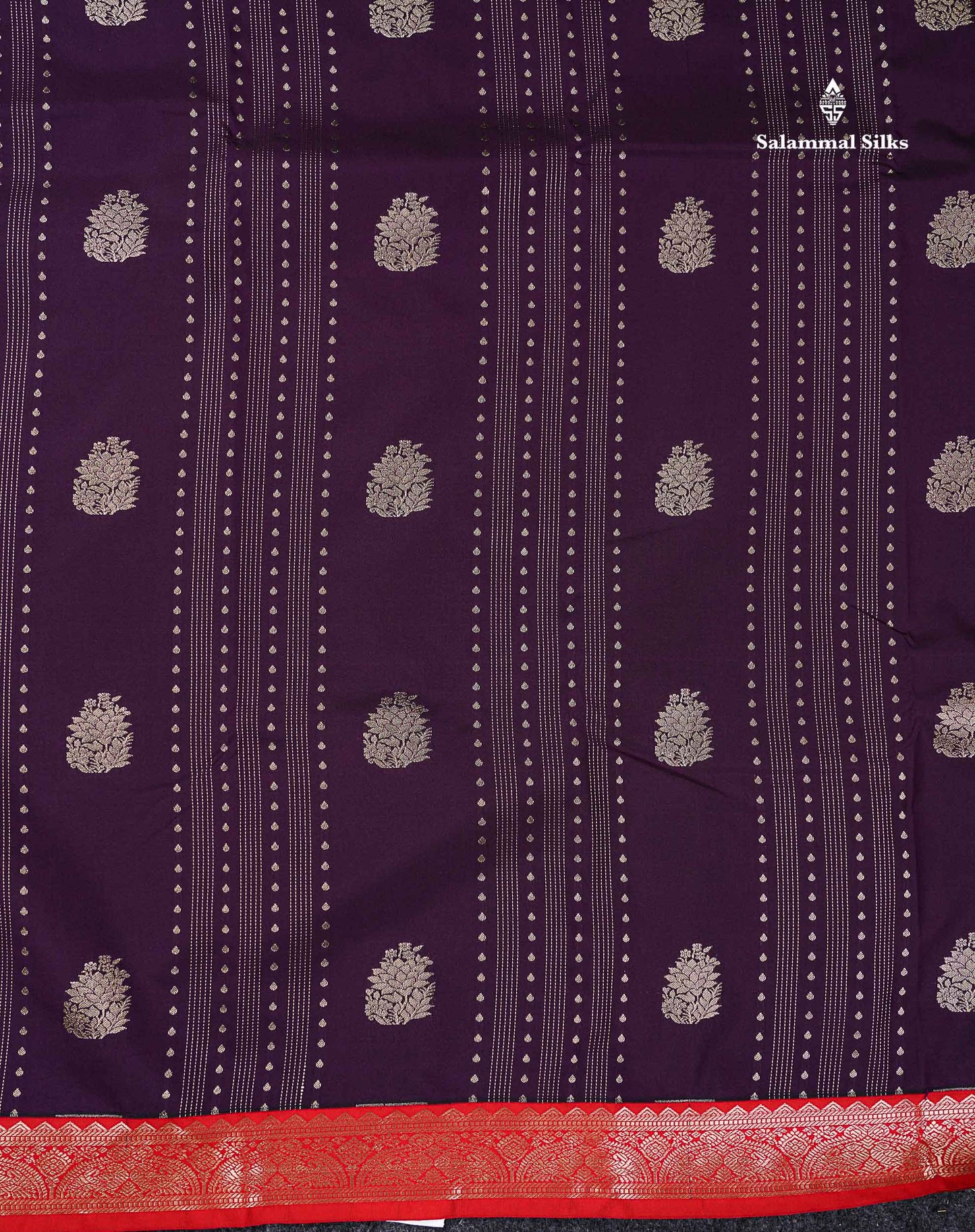 Semi Silk Saree - Violet Butta With Straip Lines Along With Contrast Red Traditional Small Border