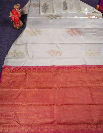 Beautiful Half White Vaira Oosi Lines Fancy Pure Kanjivaram Silk Saree With Contrast Pink Blouse