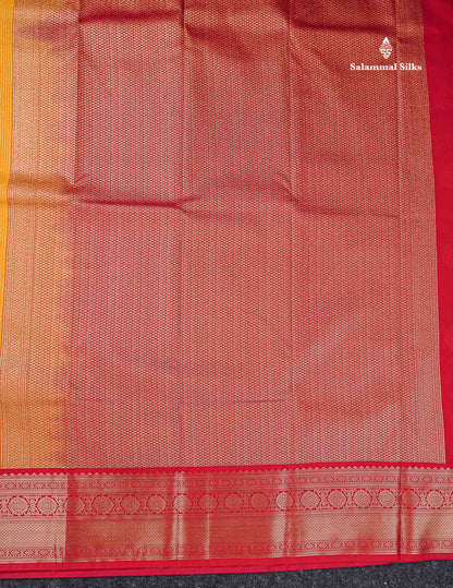 Semi Silk Saree - Mustard Yellow Butta With Lines Along With Contrast Redish Pink Traditional Border