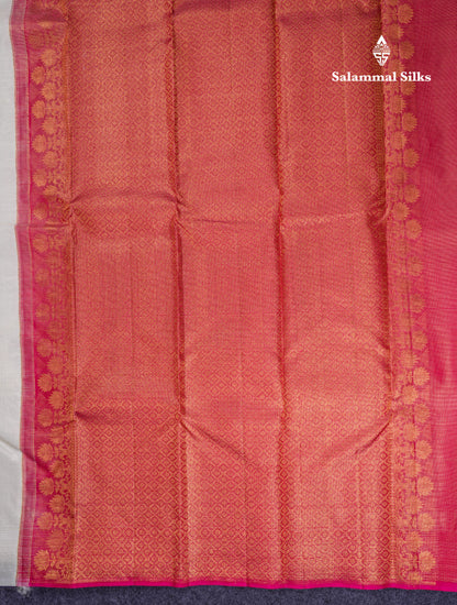 Beautiful Half White Vaira Oosi Lines Fancy Pure Kanjivaram Silk Saree With Contrast Pink Blouse