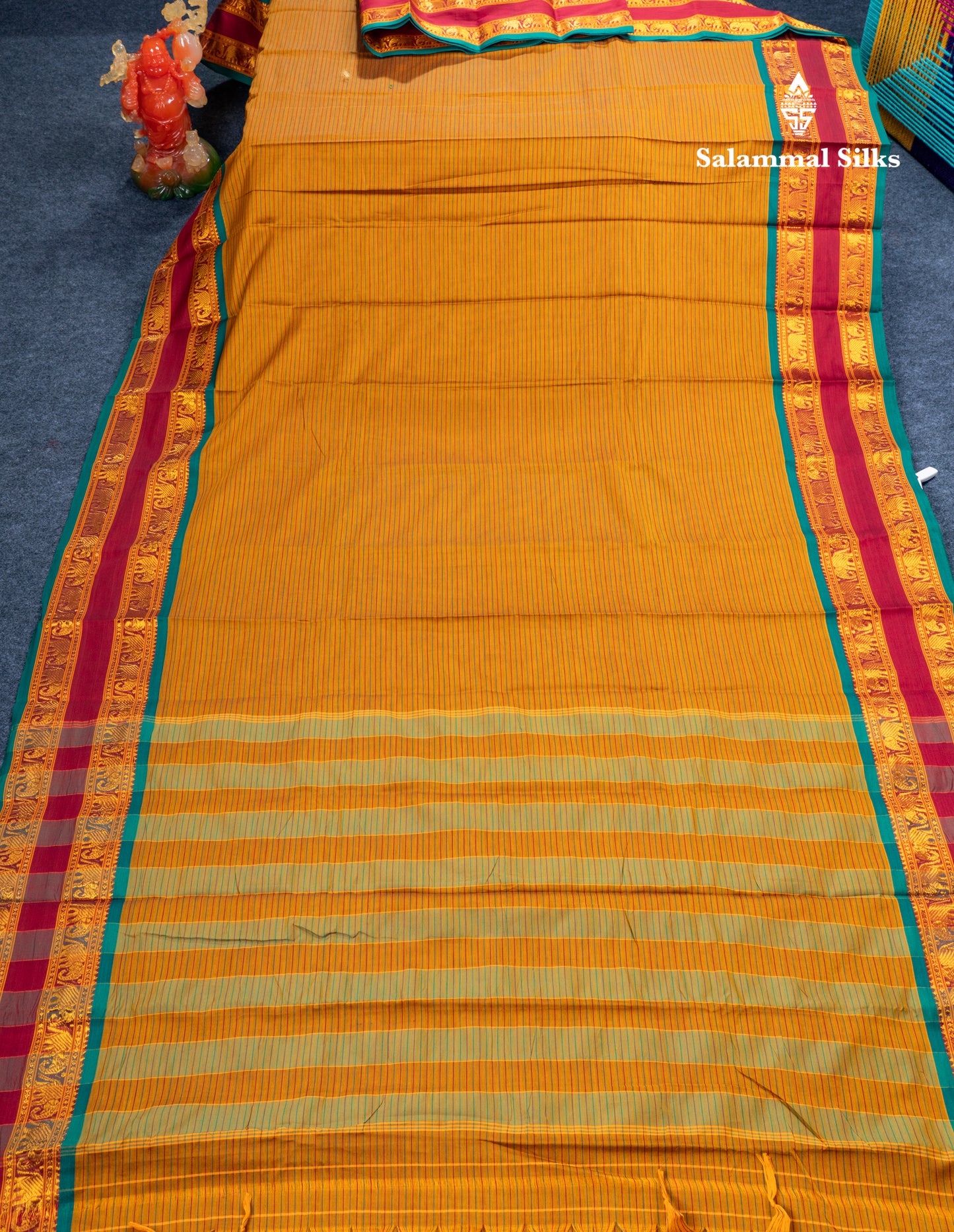 Mustard Yellow Horizontal Lines Semi Cotton Saree With Traditional Border