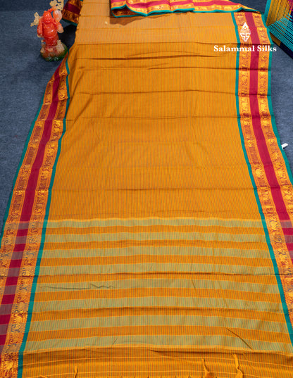 Mustard Yellow Horizontal Lines Semi Cotton Saree With Traditional Border