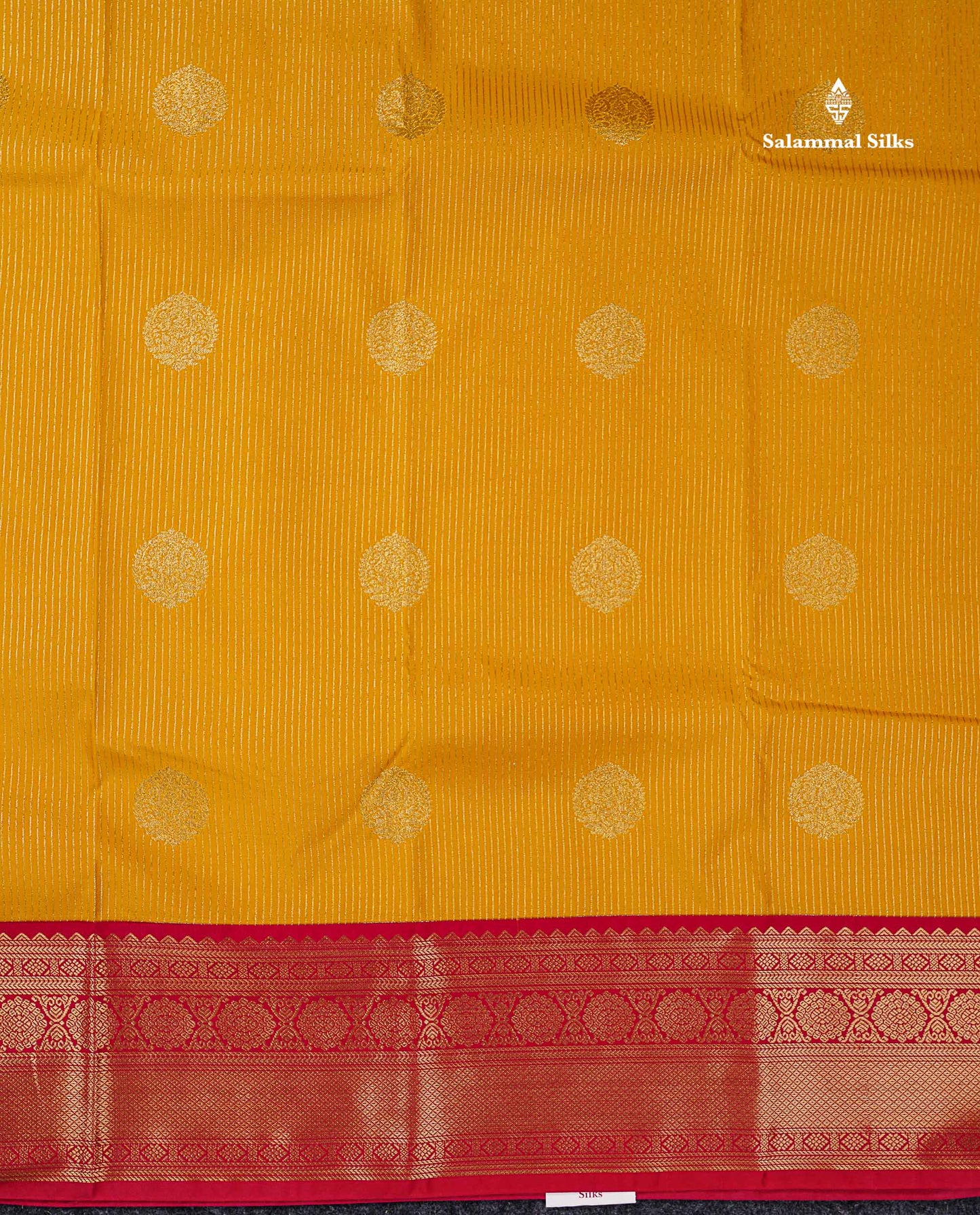 Semi Silk Saree - Mustard Yellow Butta With Lines Along With Contrast Redish Pink Traditional Border
