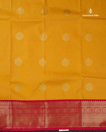 Semi Silk Saree - Mustard Yellow Butta With Lines Along With Contrast Redish Pink Traditional Border