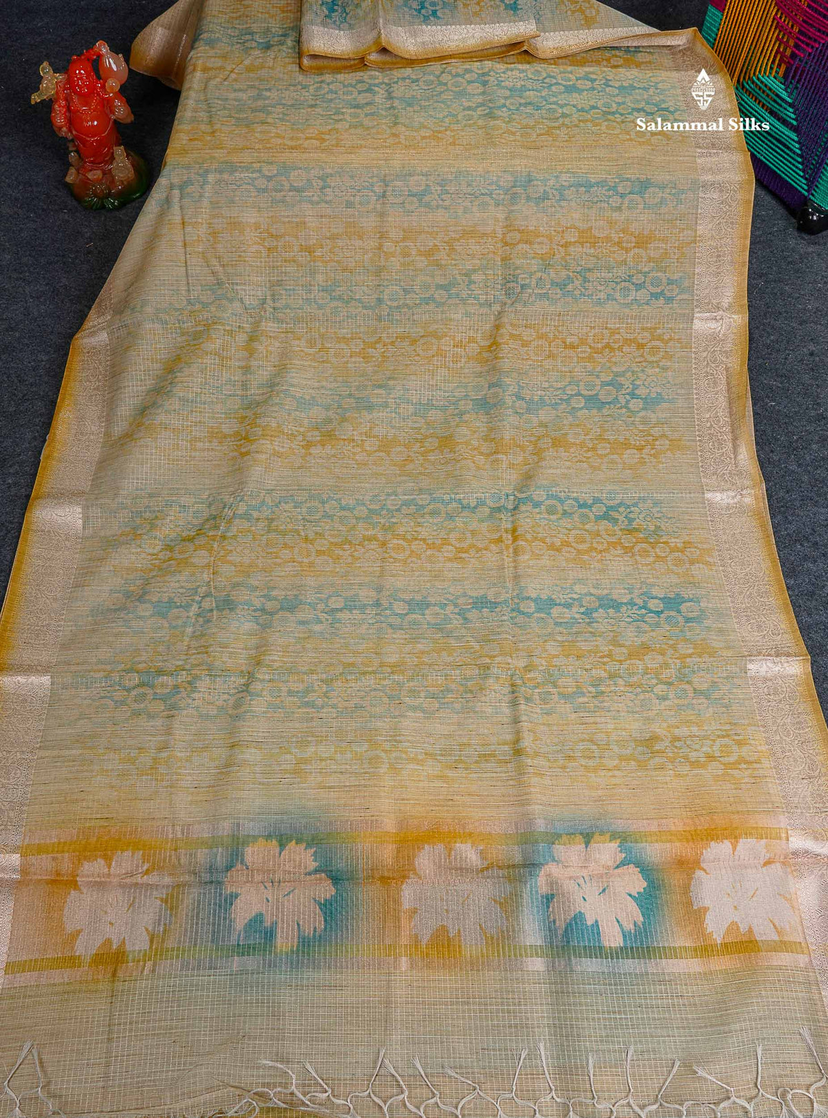 Cotton Mix Saree - Mehandi Green & Teal Blue Colour Body Zari Line With Fancy Border