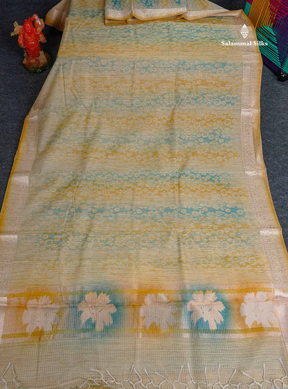 Cotton Mix Saree - Mehandi Green & Teal Blue Colour Body Zari Line With Fancy Border