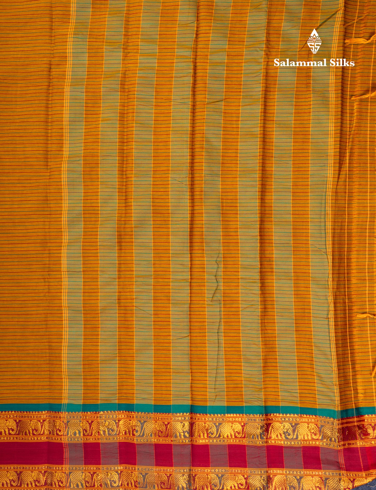 Mustard Yellow Horizontal Lines Semi Cotton Saree With Traditional Border