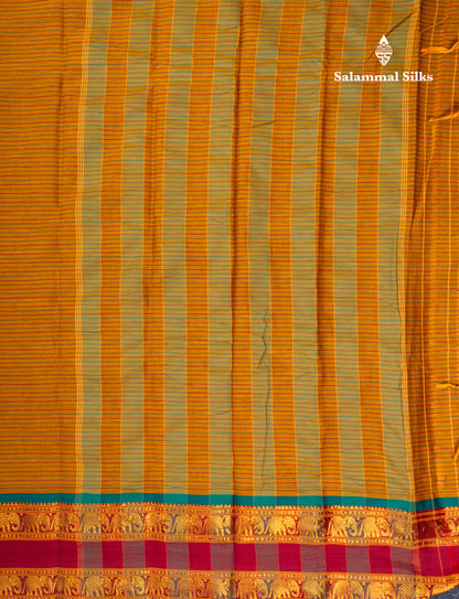 Mustard Yellow Horizontal Lines Semi Cotton Saree With Traditional Border