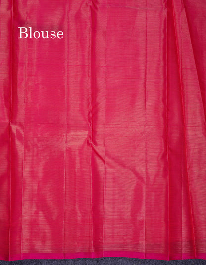 Beautiful Half White Vaira Oosi Lines Fancy Pure Kanjivaram Silk Saree With Contrast Pink Blouse