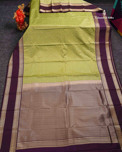 Semi Silk Saree - Manthulir Green Butta With Small Checks Along With Contrast Dark Purple Traditional Gap Border
