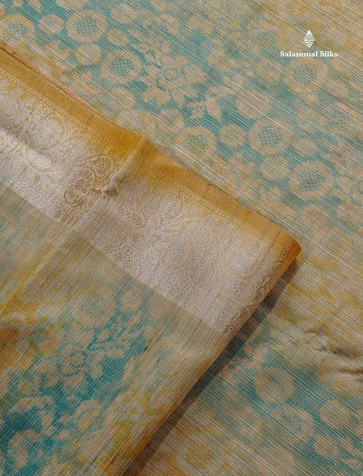 Cotton Mix Saree - Mehandi Green & Teal Blue Colour Body Zari Line With Fancy Border