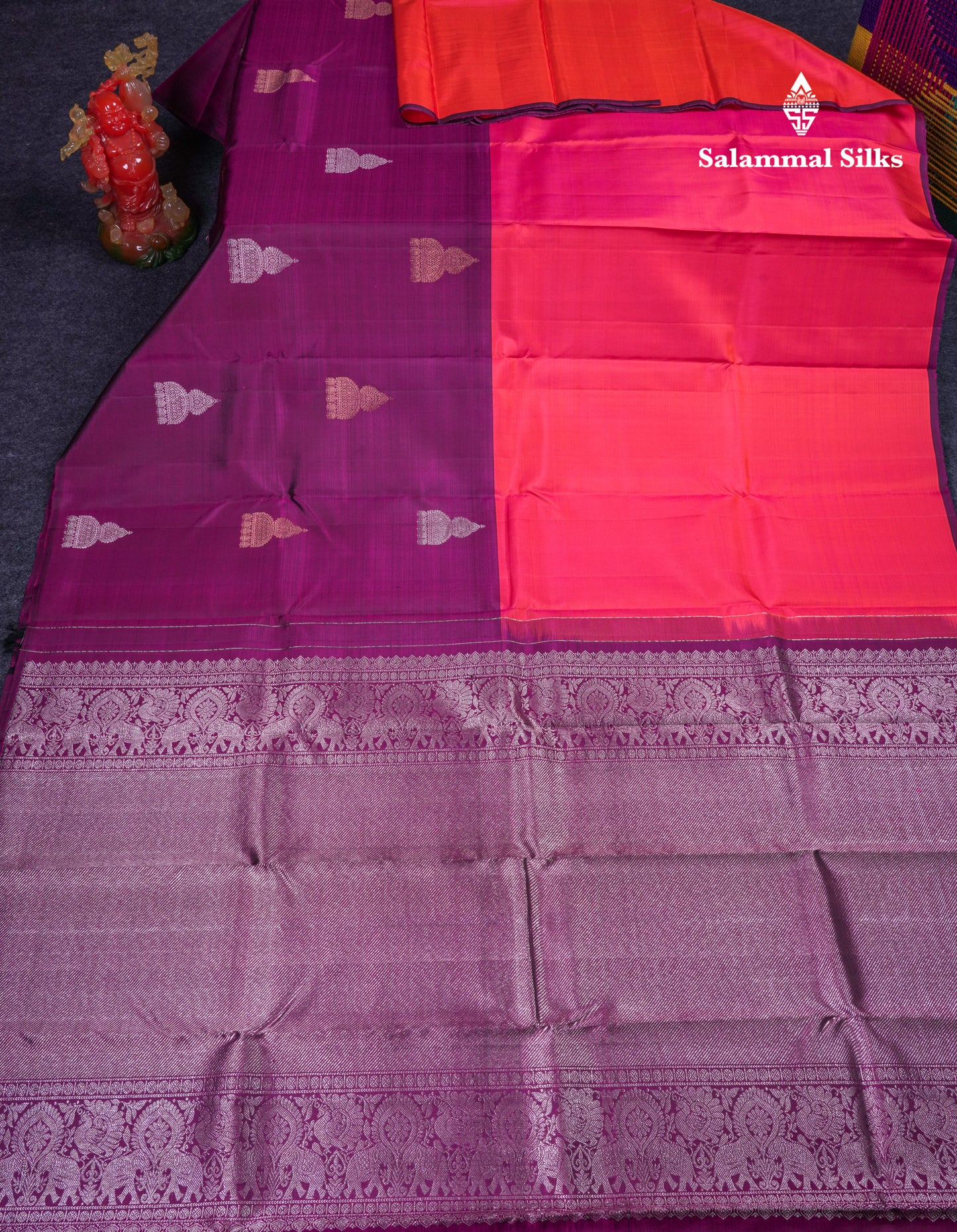 Beautiful Dual Tone Pinkish Orange And Magenta Half & Half Pure Kanjivaram Silk Saree With Contrast Magenta Blouse