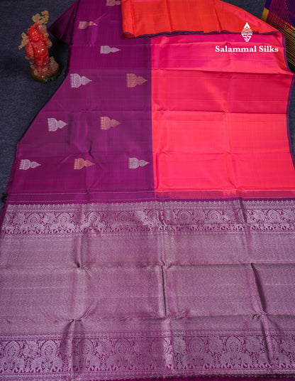 Beautiful Dual Tone Pinkish Orange And Magenta Half & Half Pure Kanjivaram Silk Saree With Contrast Magenta Blouse