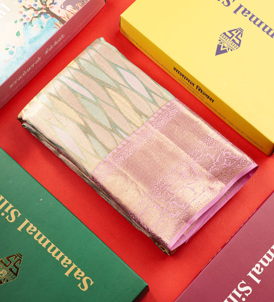 Multicolor Kanjivaram Pure Tissue Silk Saree with Baby Pink Border