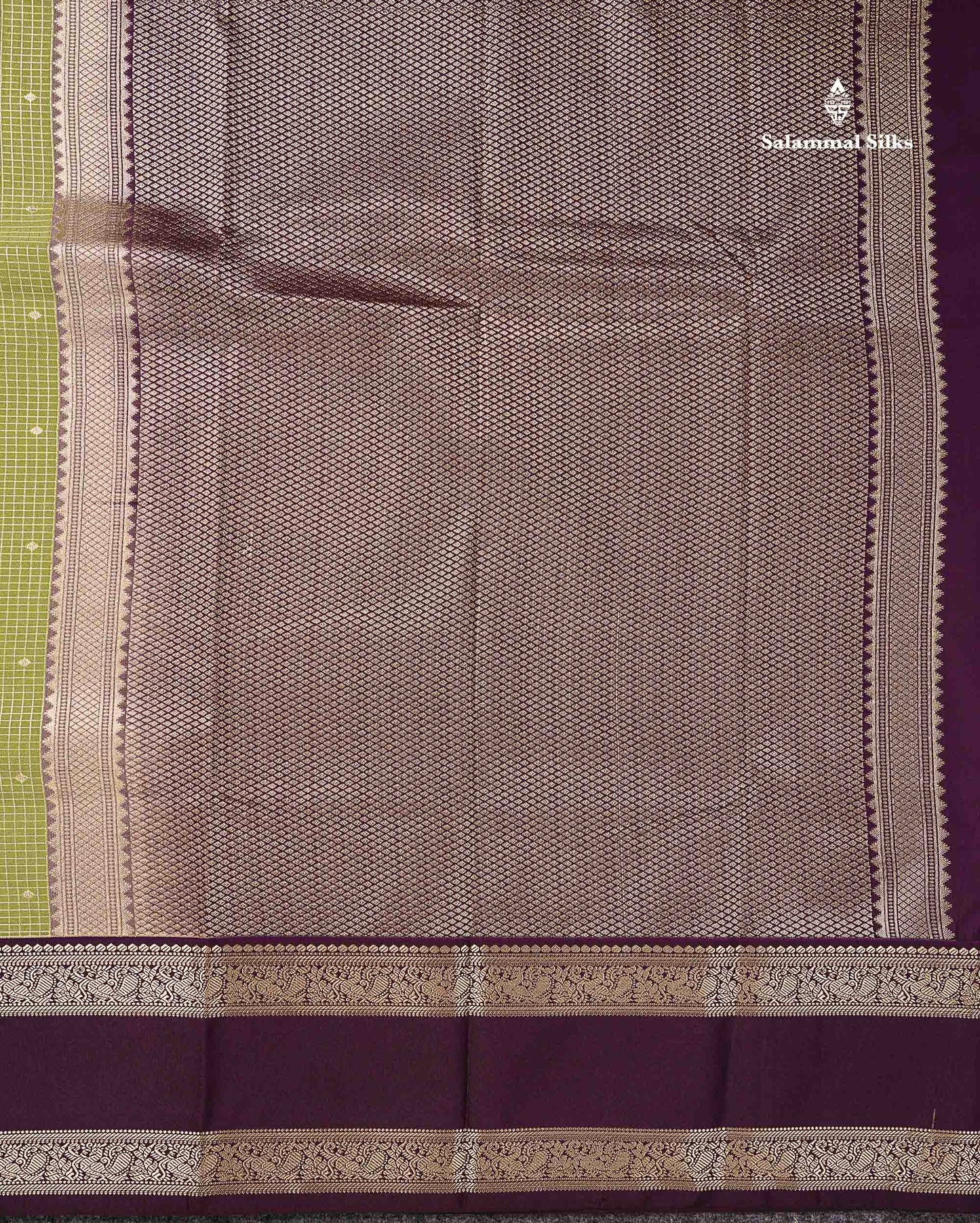 Semi Silk Saree - Manthulir Green Butta With Small Checks Along With Contrast Dark Purple Traditional Gap Border