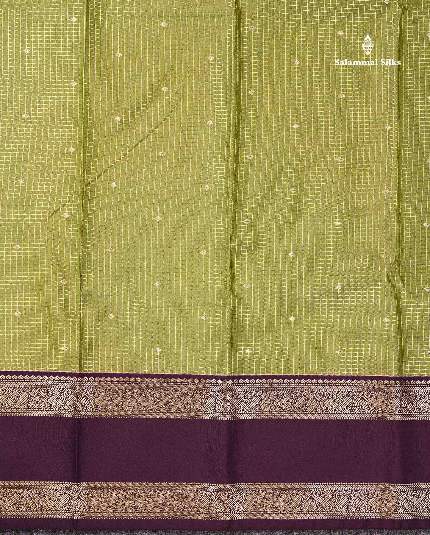 Semi Silk Saree - Manthulir Green Butta With Small Checks Along With Contrast Dark Purple Traditional Gap Border