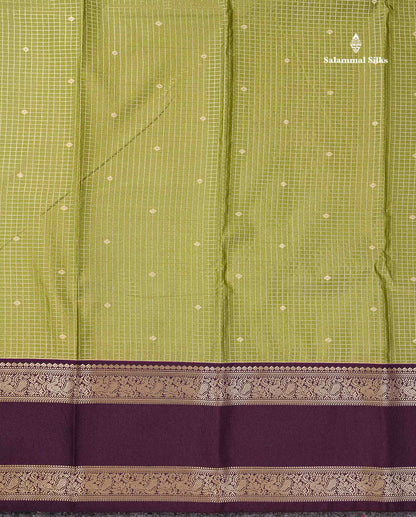 Semi Silk Saree - Manthulir Green Butta With Small Checks Along With Contrast Dark Purple Traditional Gap Border
