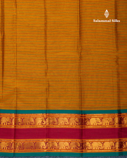 Mustard Yellow Horizontal Lines Semi Cotton Saree With Traditional Border