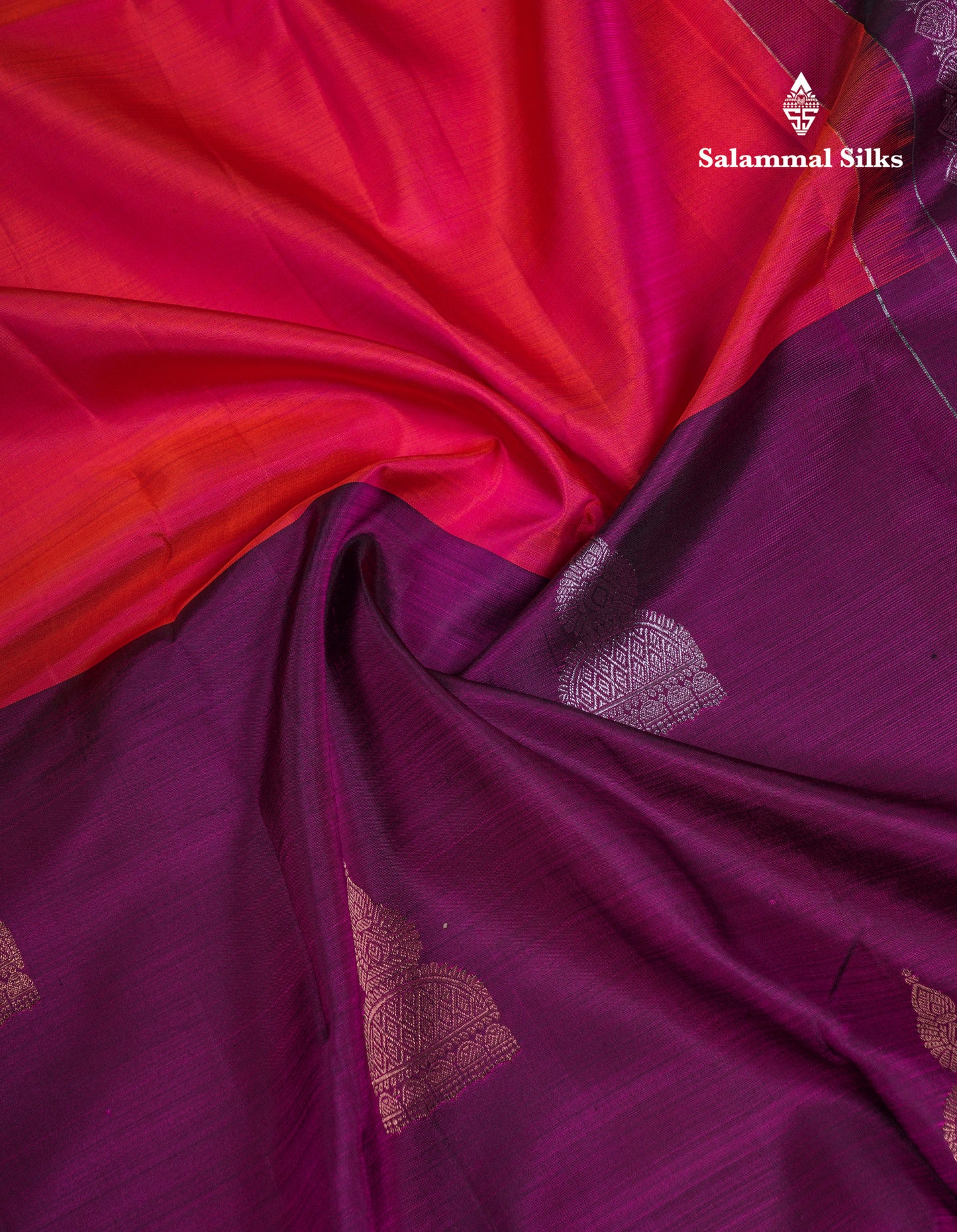 Beautiful Dual Tone Pinkish Orange And Magenta Half & Half Pure Kanjivaram Silk Saree With Contrast Magenta Blouse