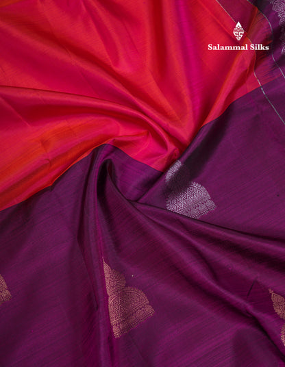 Beautiful Dual Tone Pinkish Orange And Magenta Half & Half Pure Kanjivaram Silk Saree With Contrast Magenta Blouse