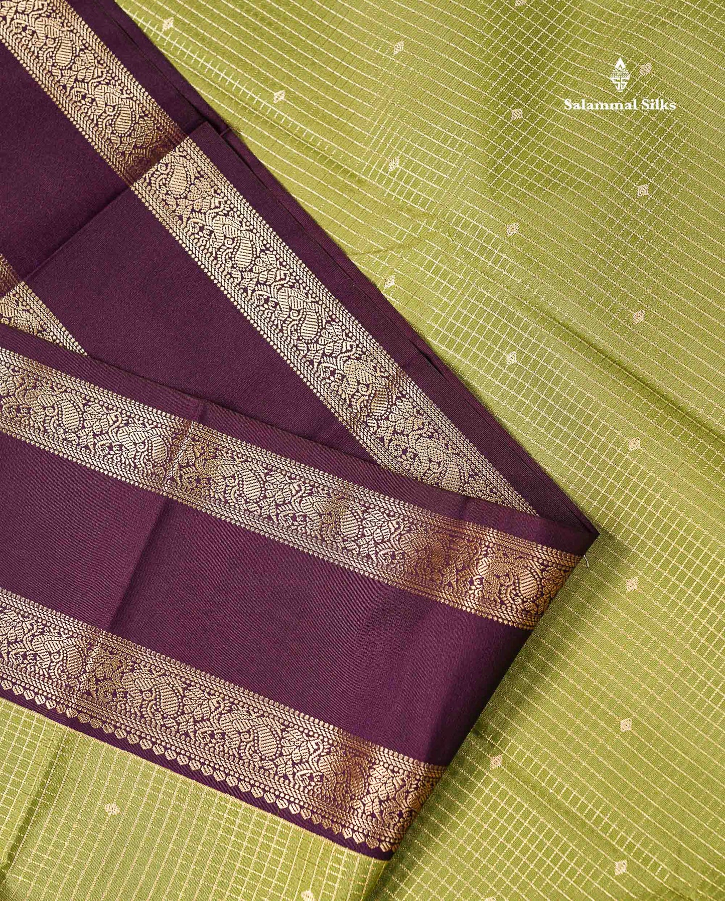Semi Silk Saree - Manthulir Green Butta With Small Checks Along With Contrast Dark Purple Traditional Gap Border