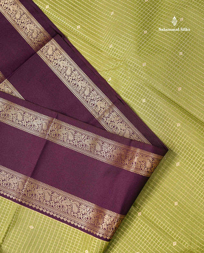 Semi Silk Saree - Manthulir Green Butta With Small Checks Along With Contrast Dark Purple Traditional Gap Border