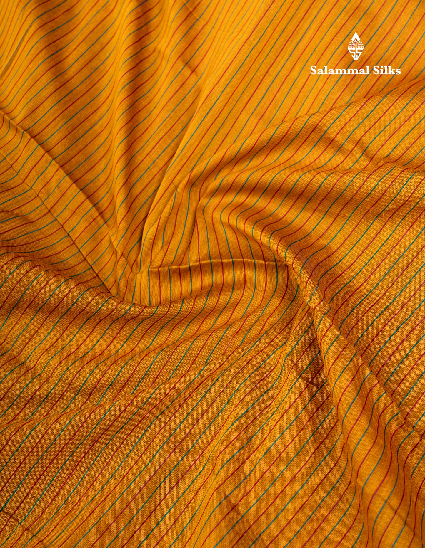 Mustard Yellow Horizontal Lines Semi Cotton Saree With Traditional Border