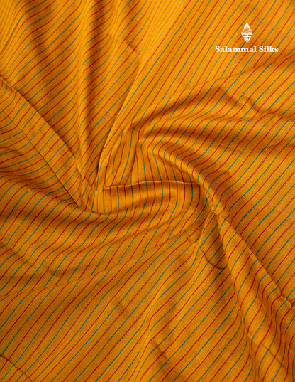 Mustard Yellow Horizontal Lines Semi Cotton Saree With Traditional Border