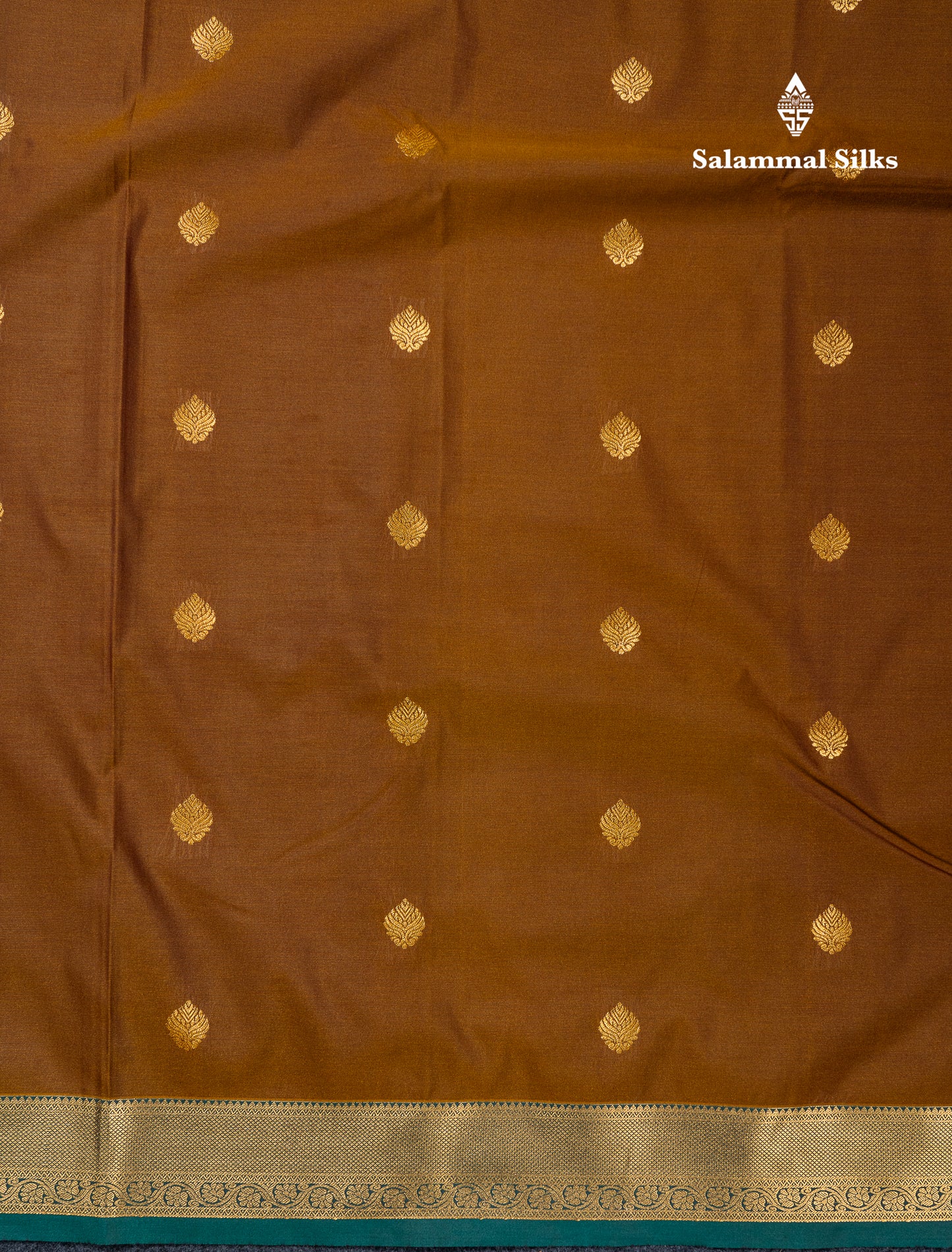 Beautiful Orange Zari Buttas Semi Silk Saree With Contrast Peacock Green Small Border