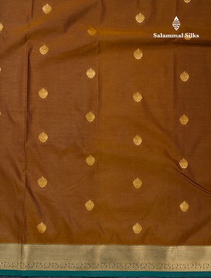 Beautiful Orange Zari Buttas Semi Silk Saree With Contrast Peacock Green Small Border