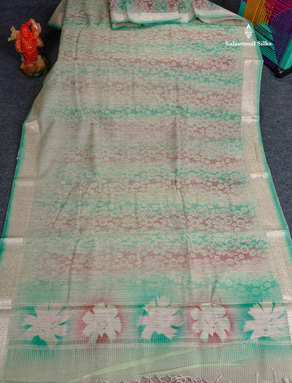 Cotton Mix Saree - Mehandi Green & Teal Blue Colour Body Zari Line With Fancy Border