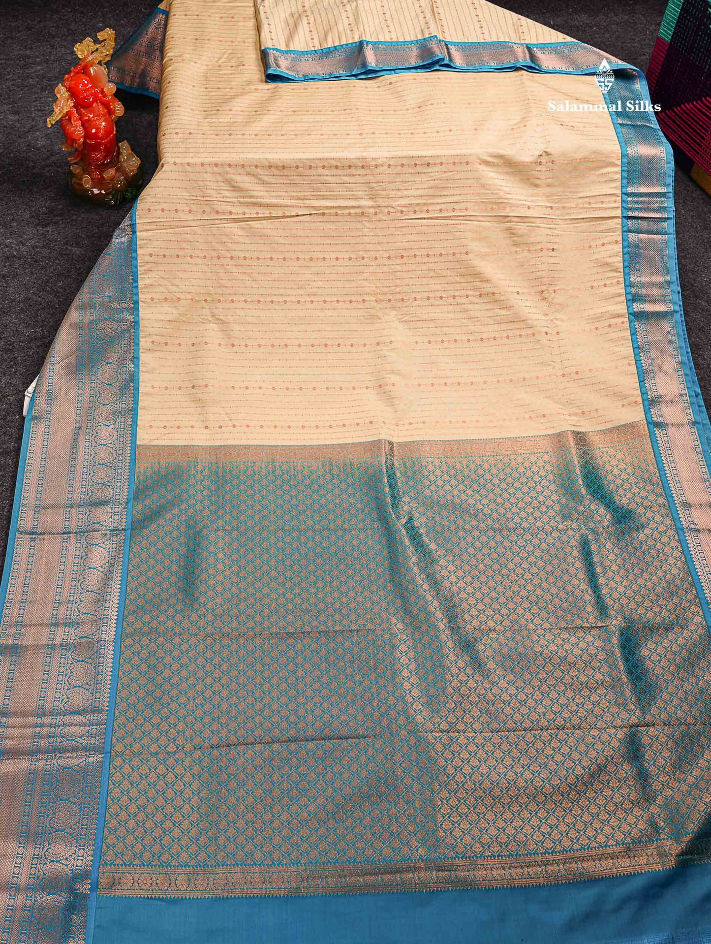 Semi Silk Saree - Beige Straip Lines Along With Contrast Ramar Blue Traditional Border
