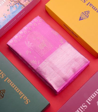 Pink Colour Pure Kanjivaram Silk Saree With Silver Zari Border