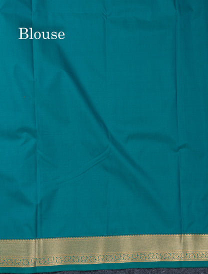 Beautiful Orange Zari Buttas Semi Silk Saree With Contrast Peacock Green Small Border