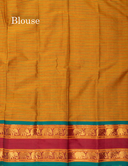 Mustard Yellow Horizontal Lines Semi Cotton Saree With Traditional Border