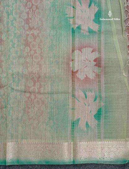 Cotton Mix Saree - Mehandi Green & Teal Blue Colour Body Zari Line With Fancy Border