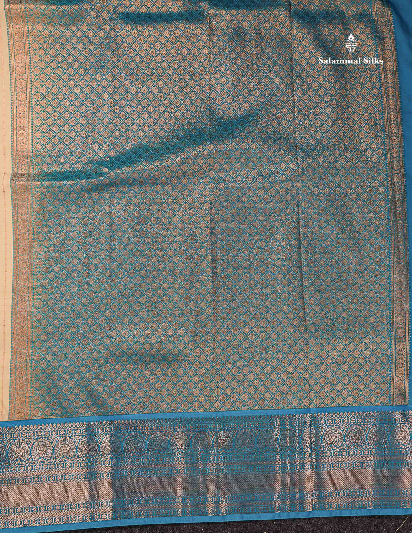 Semi Silk Saree - Beige Straip Lines Along With Contrast Ramar Blue Traditional Border