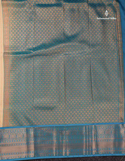 Semi Silk Saree - Beige Straip Lines Along With Contrast Ramar Blue Traditional Border