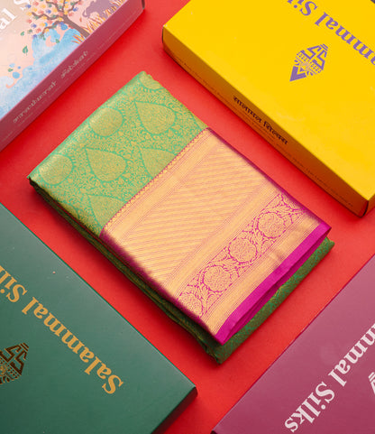 Green Colour Kanjivaram Pure Silk Saree with Pink Border