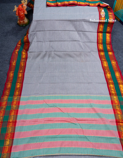 Mustard Yellow Horizontal Lines Semi Cotton Saree With Traditional Border