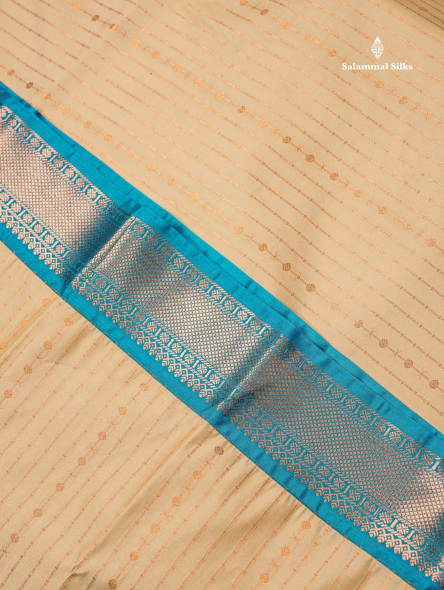 Semi Silk Saree - Beige Straip Lines Along With Contrast Ramar Blue Traditional Border