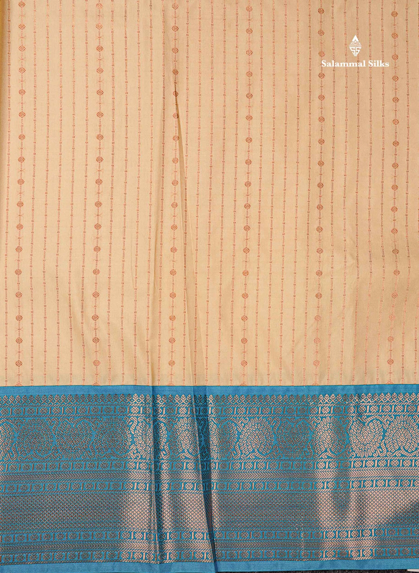 Semi Silk Saree - Beige Straip Lines Along With Contrast Ramar Blue Traditional Border