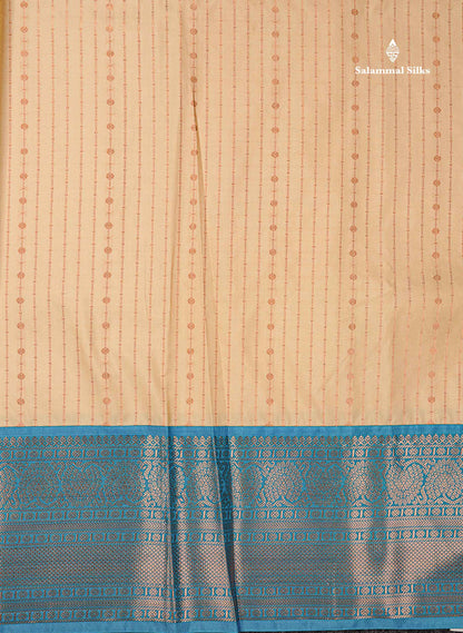 Semi Silk Saree - Beige Straip Lines Along With Contrast Ramar Blue Traditional Border