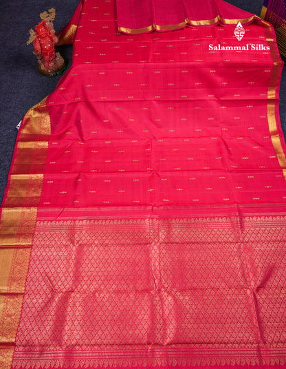Beautiful Dual Tone Pinkish Red Pure Kanjivaram Silk Saree With Traditional Evening Morning Border