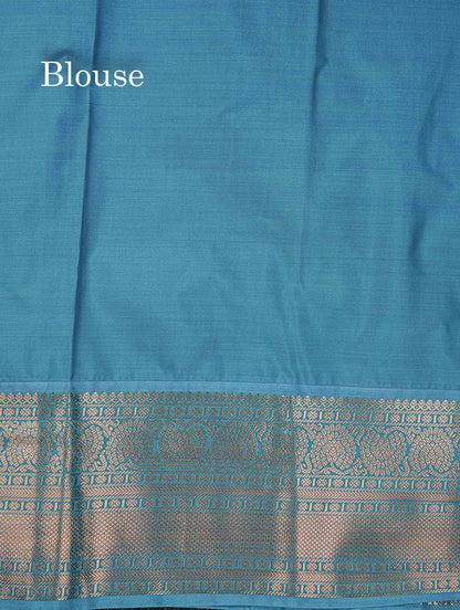 Semi Silk Saree - Beige Straip Lines Along With Contrast Ramar Blue Traditional Border