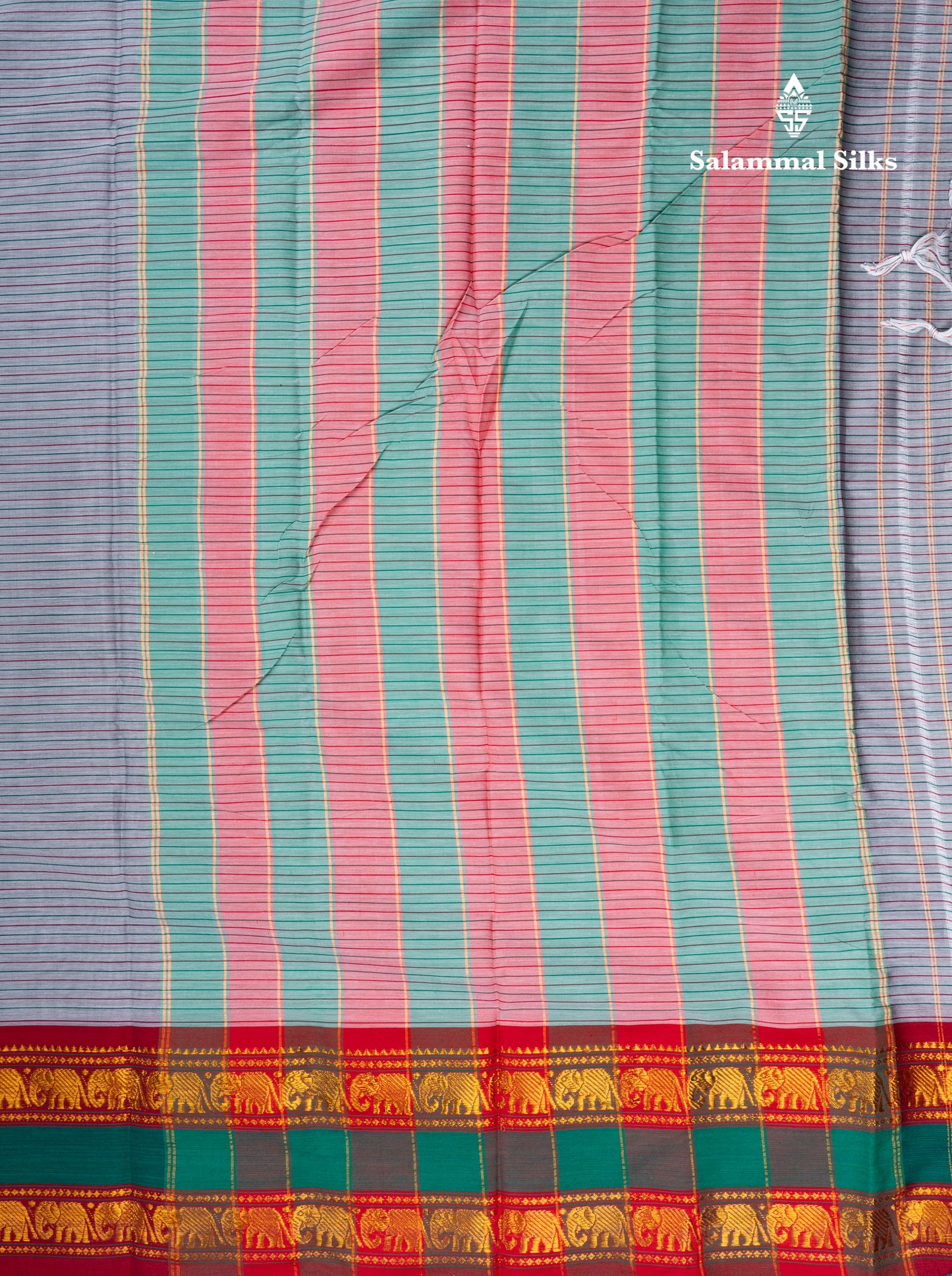 Mustard Yellow Horizontal Lines Semi Cotton Saree With Traditional Border