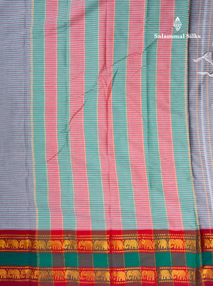 Mustard Yellow Horizontal Lines Semi Cotton Saree With Traditional Border