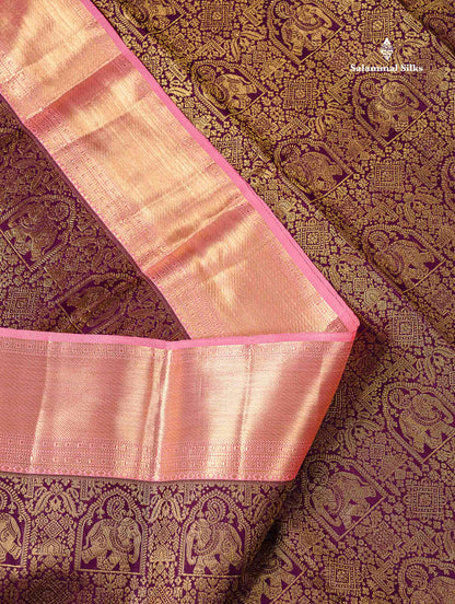Pure Mix Silk Saree - Dark Purple Bridal Along With Contrast Light Pink Traditional Evening Morning Border