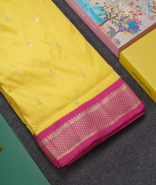 9 Yards Semi Silk Saree Yellow with Contrast Pink Border